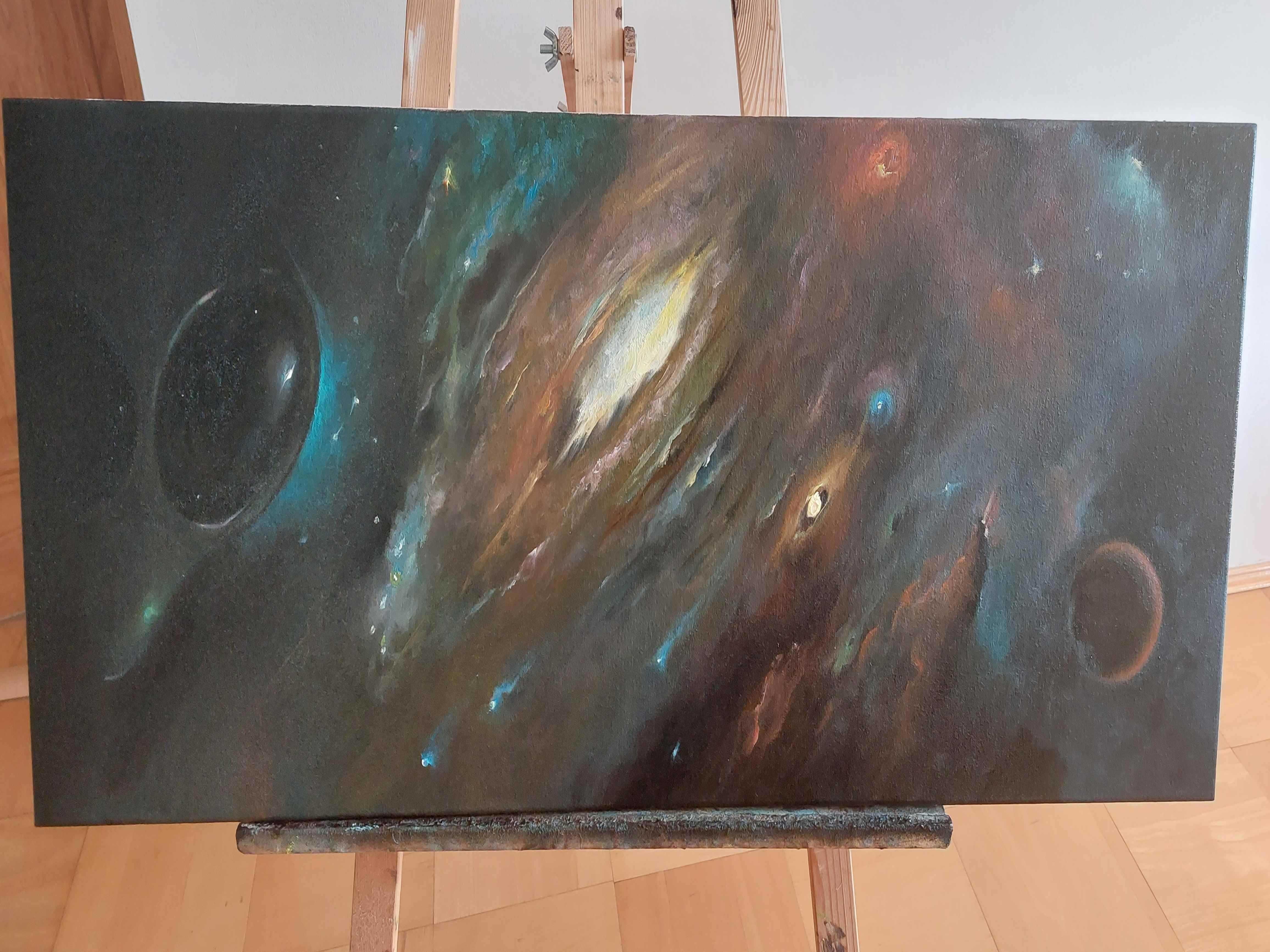 Obraz olejny ręcznie malowany 40x100 cm "Mgławica" na blejtramie