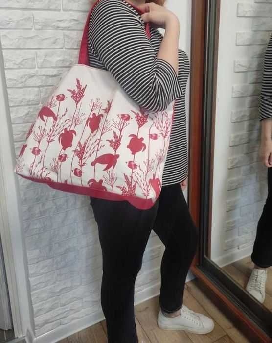 Clarins жіноча літня сумка шоппер біла / червона з черепашками