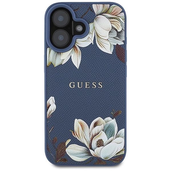 Etui Guess Grained Printed Flower Pattern MagSafe do iPhone 16 niebies