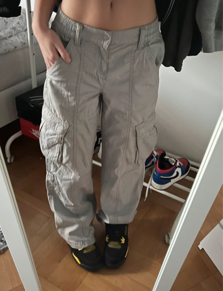 spodnie baggy cargo z kieszeniami szare nowe vintage y2k niski stan