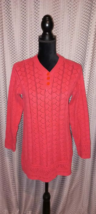 Dłuższy czerwony ażurowy sweterek bluzka 100% bawełna r. 36/S