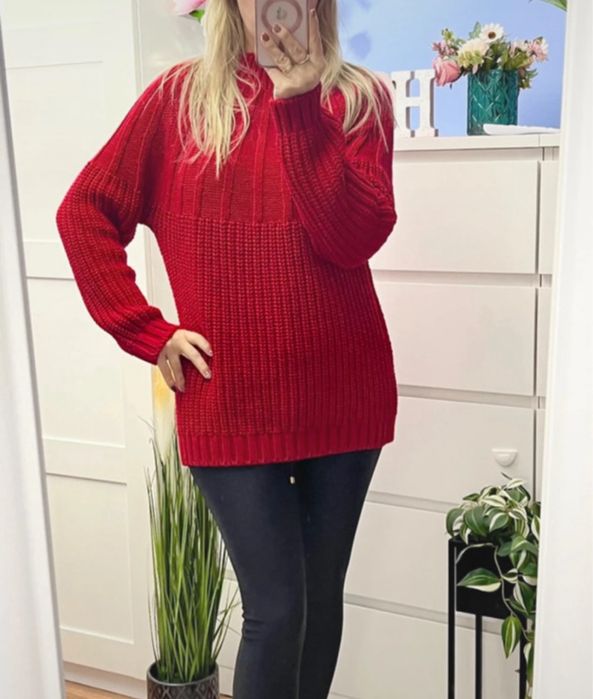 Czerwony gruby święta mięsisty dzianinowy luźny oversize Sweter
