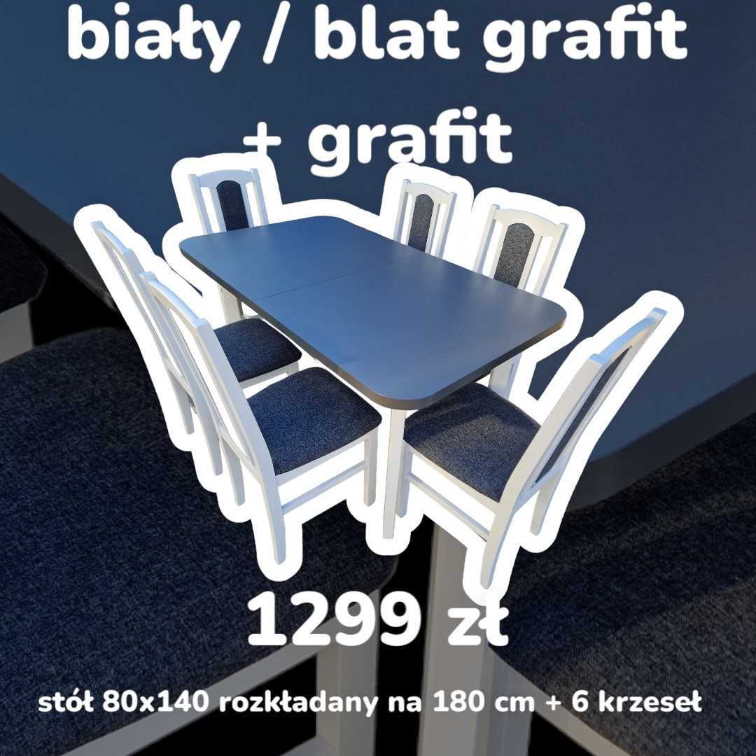 Nowe: STÓŁ 80x140/180 + 6 KRZESEŁ, biały/blat grafit + grafit ,transPL