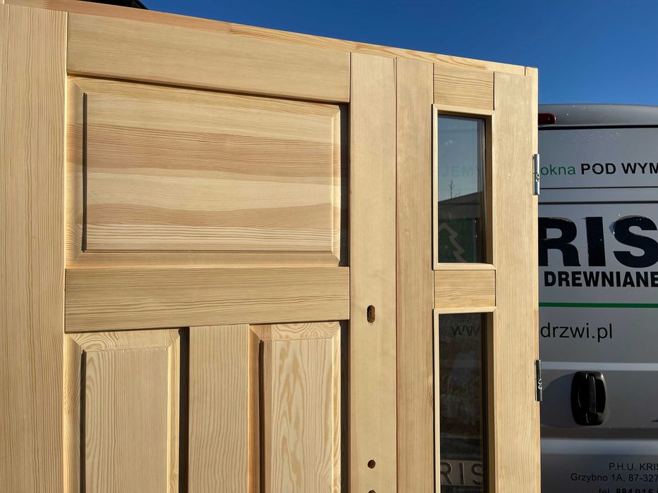 Drzwi zewnętrzne drewniane 900 OFERT ocieplane dwuskrzydłowe SOSNOWE