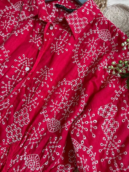 Zara czerwona haftowana sukienka haft boho bohemian rękaw 3/4 XS