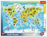 Puzzle ramkowe 25el. Mapa świata zwierzęta 31340