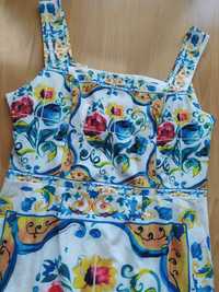 Unikat letnia sukienka jak malowana kafelki azulejos kwiaty