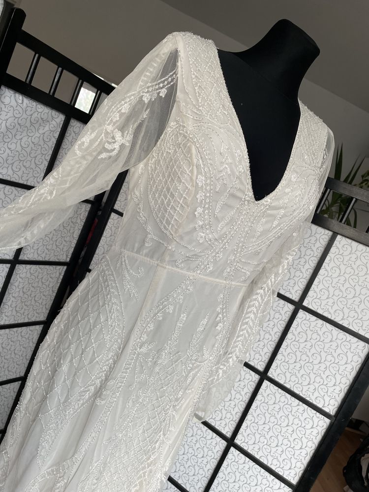 sukienka koronkowa maxi tren 42 xl asos luxe ażurowa haft cekinowa