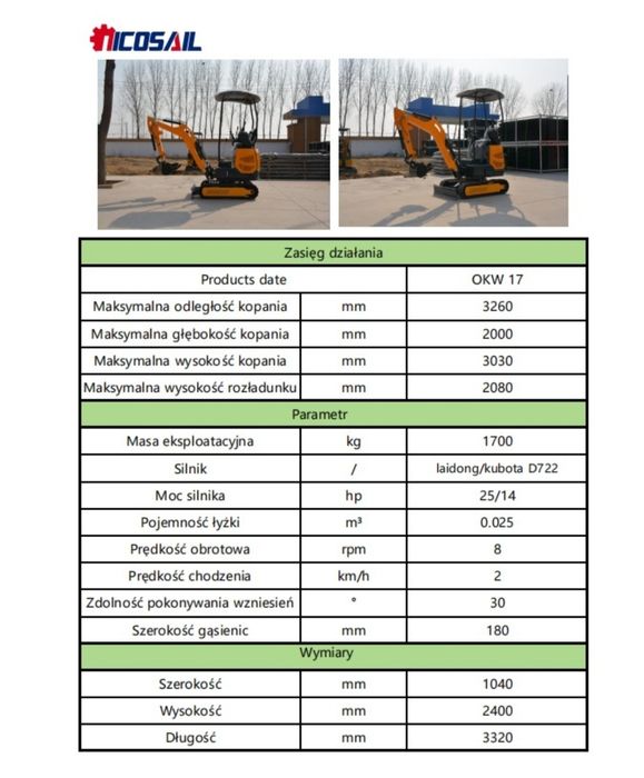 Koparka 1800kg Nicosail . Gwarancja, serwis..