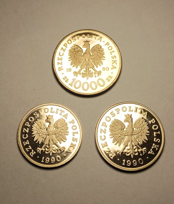 Zestaw 3 monet lustrzanek 50 zł. 100. zł. 10000 zł. Mennicze. Piękne.