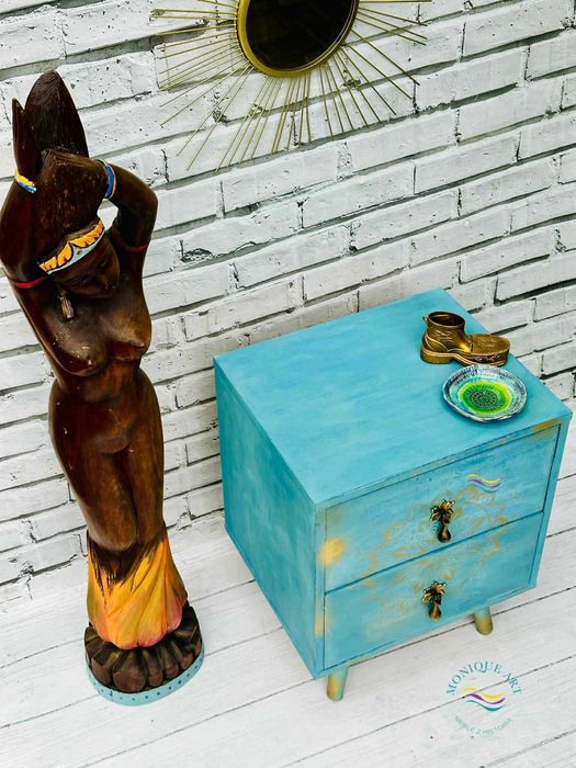 Turkusowa szafka z mandalą, orientalna, ciekawe uchwyty, wysyłka