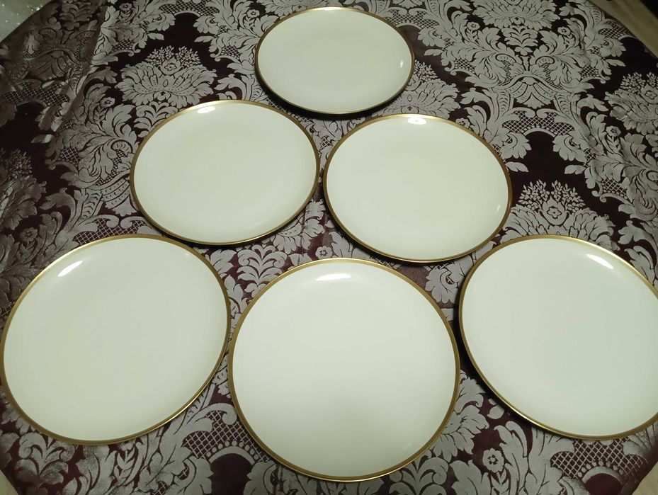 Talerze obiadowe płytkie, 6szt., Eschenbach, porcelana ecru+złoto