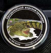 Серебряная монета морской крокодил 1 доллар 2011 Тувалу 31,1 грамм 999