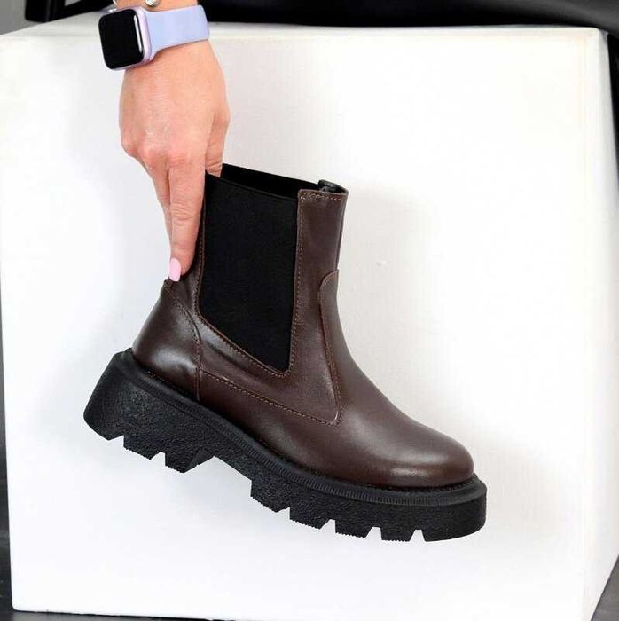 Зимові шкіряні коричневі черевики челсі коричневые ботинки челси 36,38