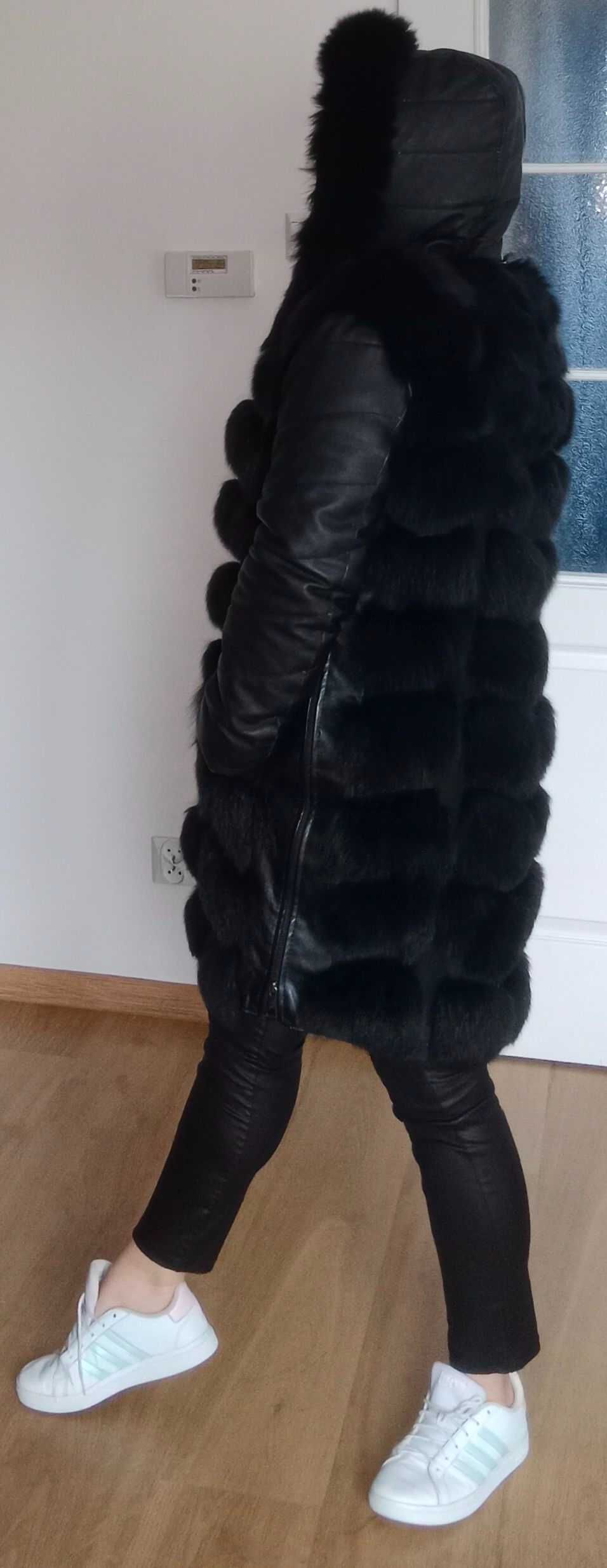 Czarna elegancka kurtka futrzana  płaszcz kamizelkę