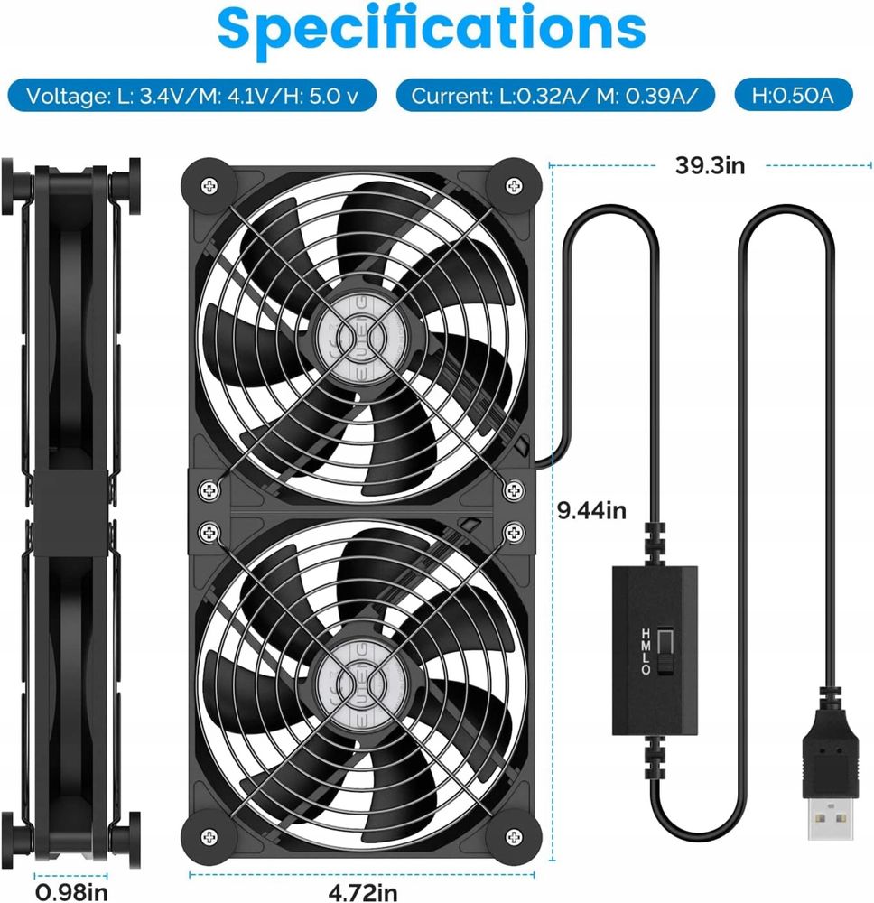 Wentylator USB 120mm 5V 2w1 z 3 regulowanymi prędkościami