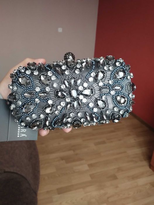 Mascara Kopertówka    Ciemnoszara Ozdobna z Kryształkami na Łańcuszku