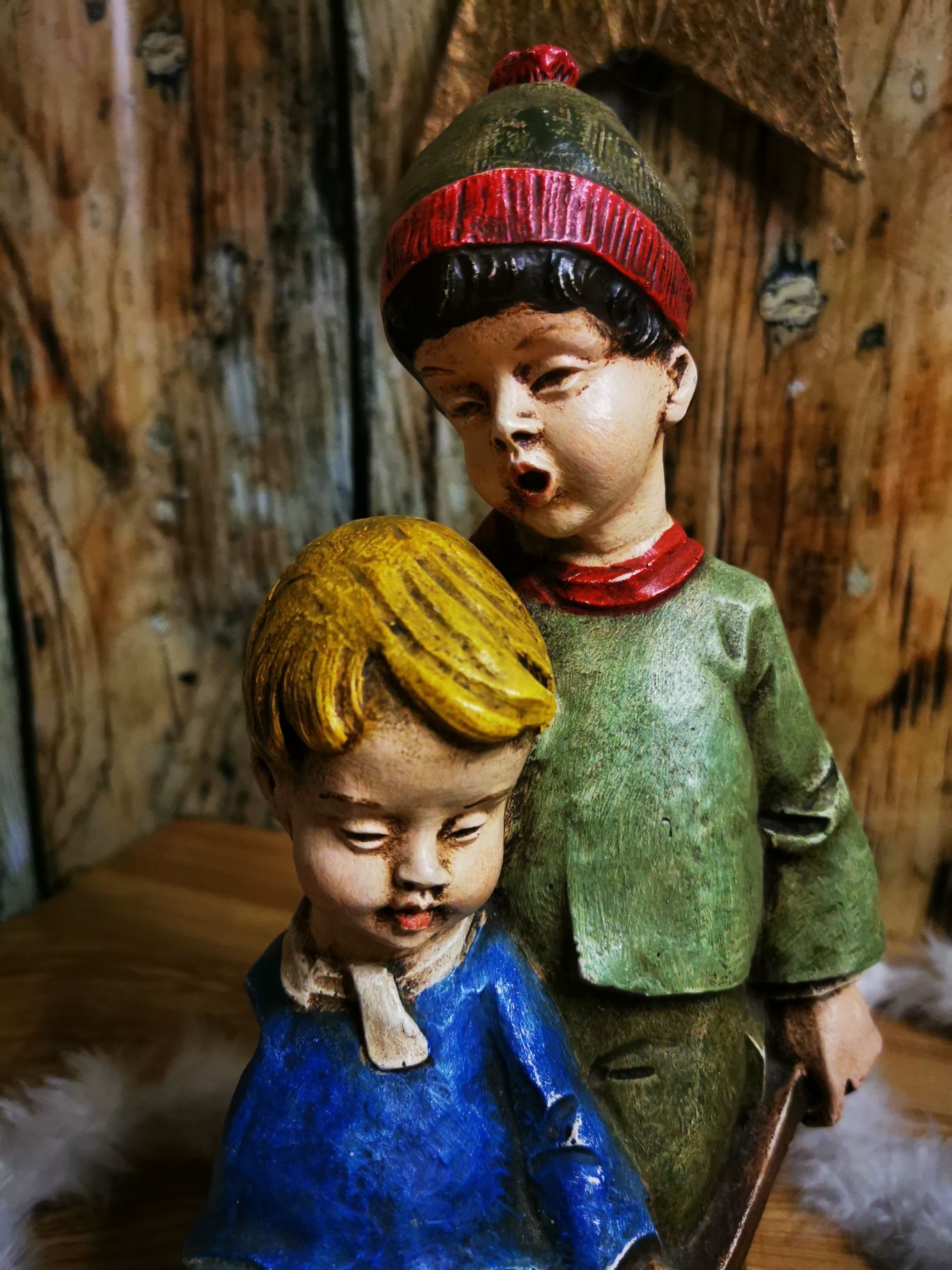Figurka Achatit, święta Bożego Narodzenia, zima, sygnowana, kot dzieci