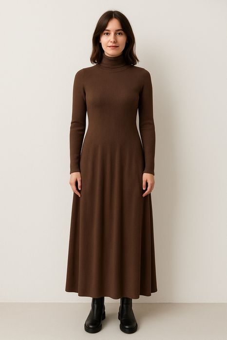 Коричнева шоколад трикотажна міді сукня плаття в рубчик
