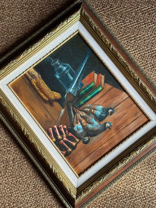 Quadro pintura com motivos de caça a óleo assinada
