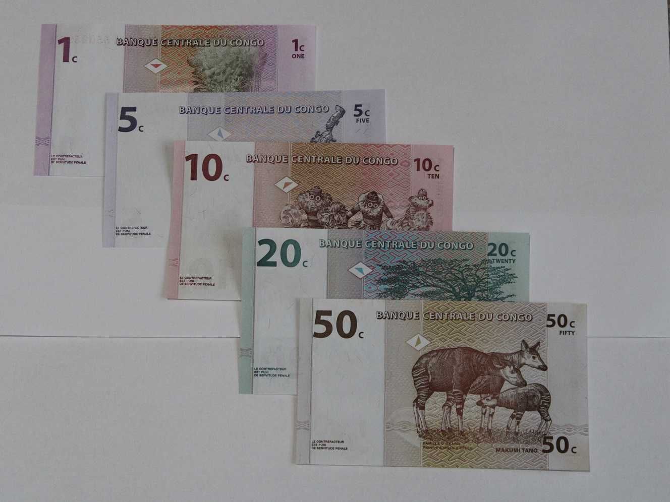 Zestaw banknotów 5 szt., Kongo 1,5,10,20,50 centimes 1997, P80-84, UNC