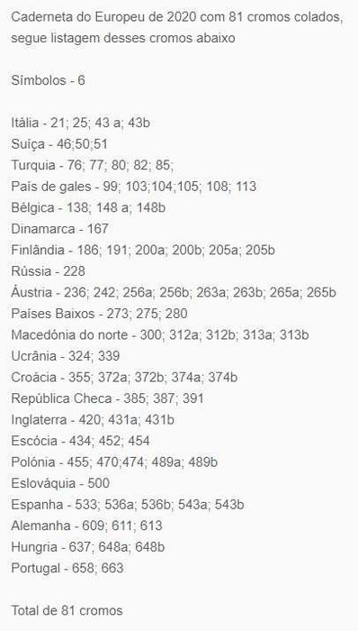 Caderneta Euro 2020 + 81 cromos
