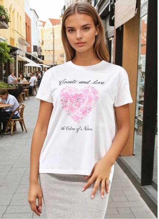 koszulka bluzka damska M biała bawełniana  oversize serce  NOWA