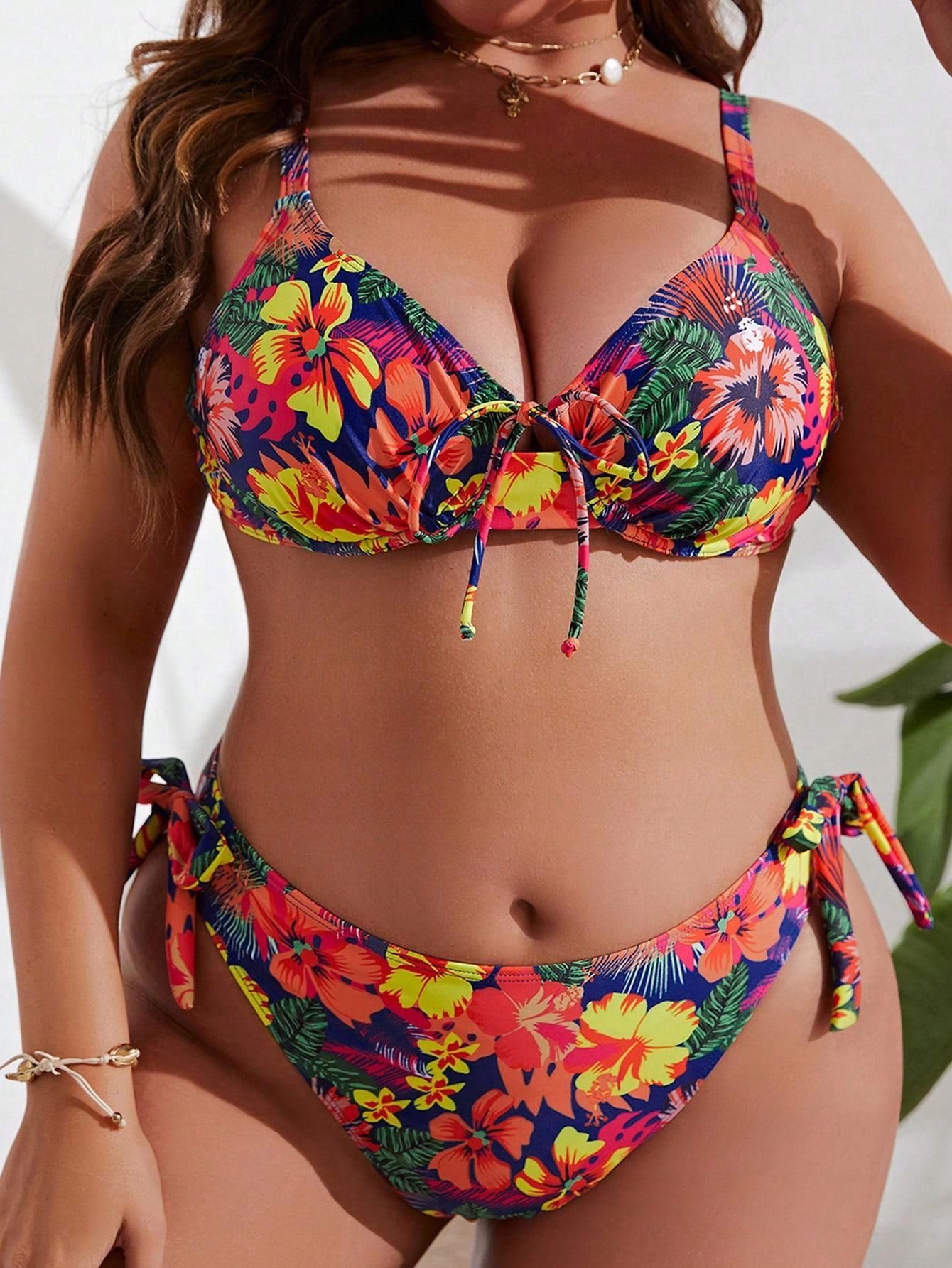 Strój Kąpielowy Bikini W Kwiaty Z Fiszbinami Shein 2Xl