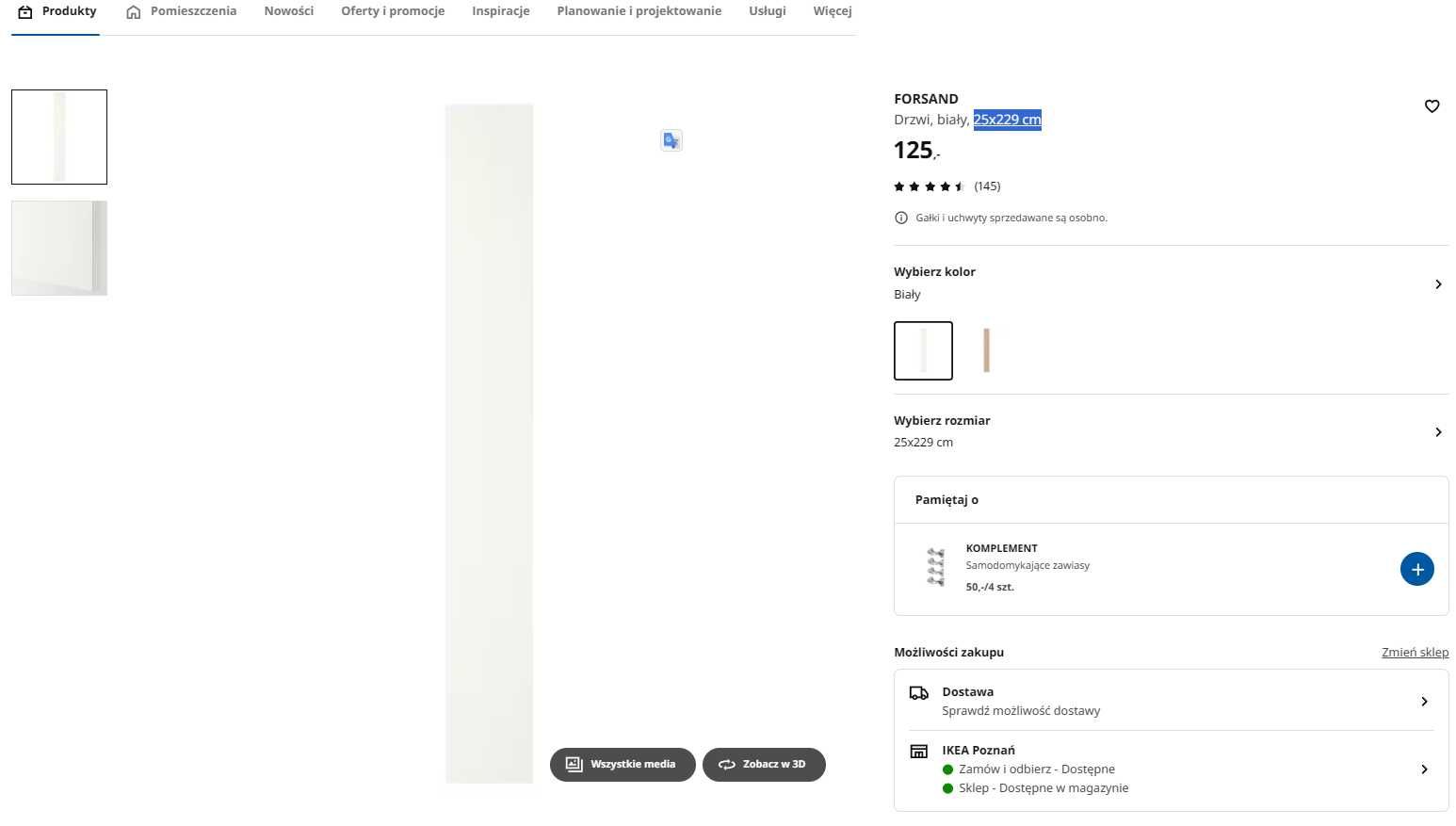 FORSAND drzwi do szafy PAX IKEA, kolor biały, 25x229cm - nowe