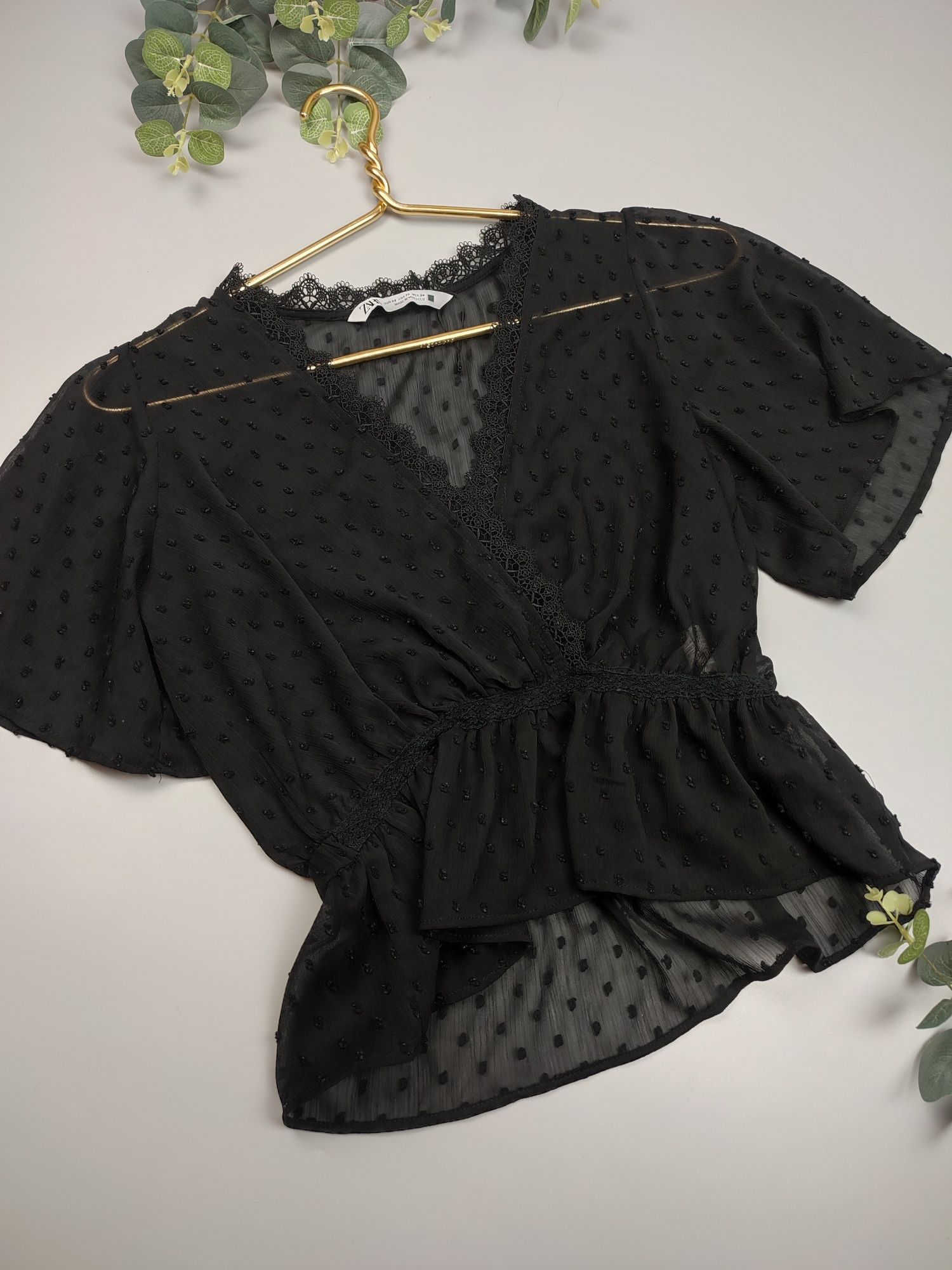 Чорна блуза  Zara, топ Zara,  черная блузка в горошек