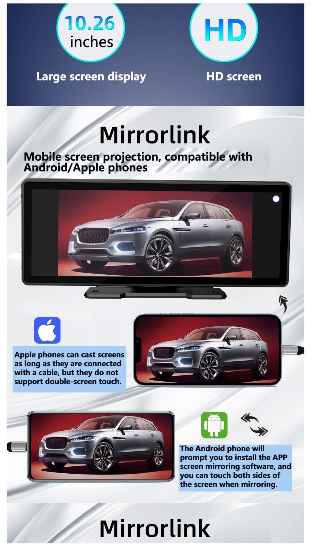 Auto Rádio Carplay MP5 portátil de 10,26 pol com bluetooth, tela HD