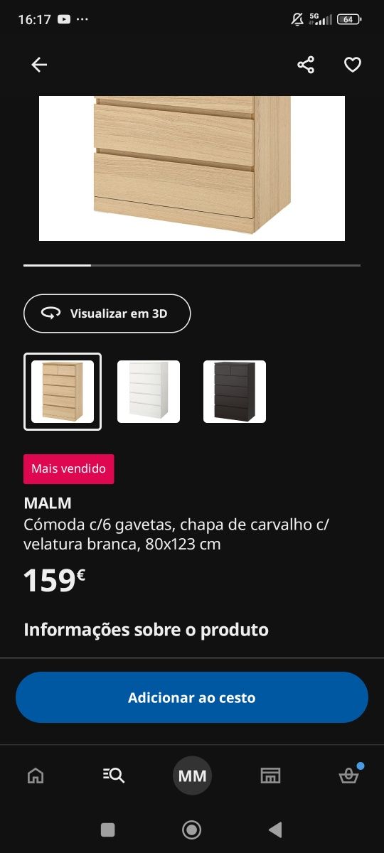Cómoda Malm IKEA 6 Gavetas Carvalho