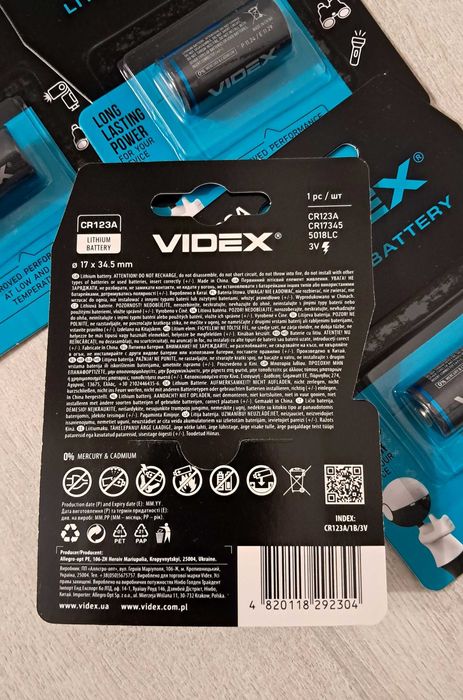 Литиевые батарейки VIDEX CR123A. 4 штуки