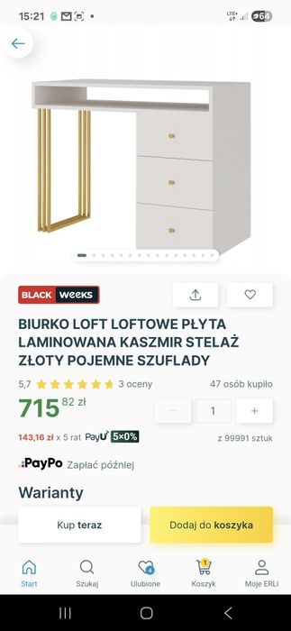 Biurko kaszmir ze złotymi nogami