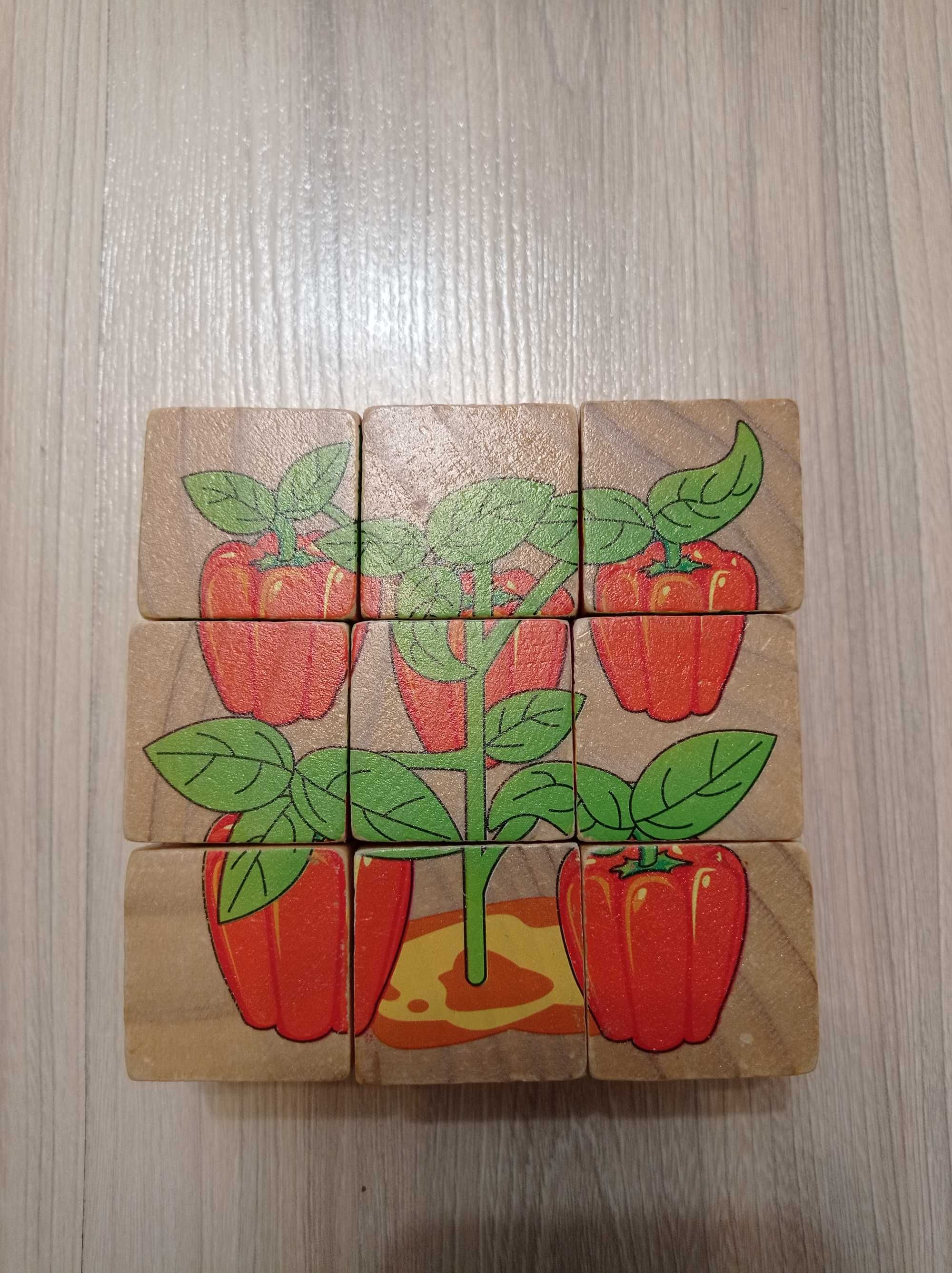 Puzzle, klocki drewniane, 6 obrazków, 9 elementów, warzywa