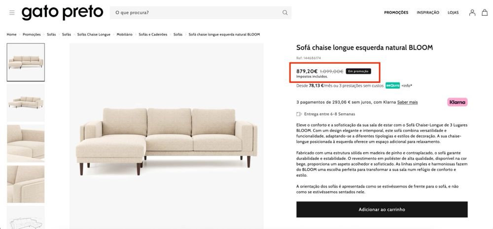 Sofá 3 lugares com chaise longue (7 meses de uso) - Gato Preto - Bloom