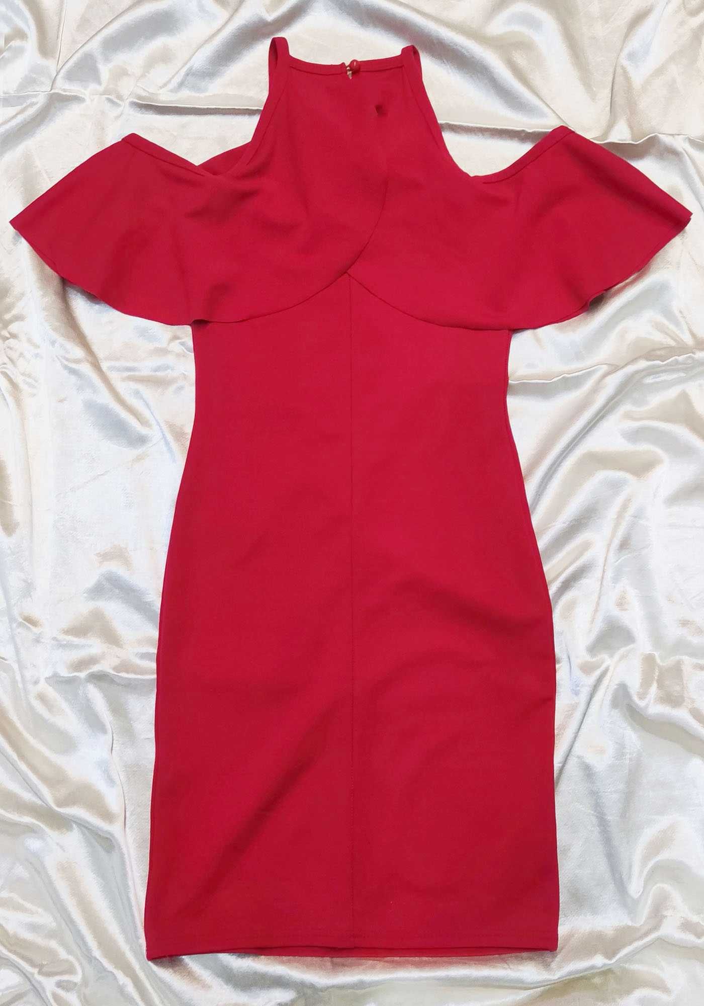 36 S Zgrabna Czerwona Sukienka Mini Falbana Elegancka Wieczorowa Tuba