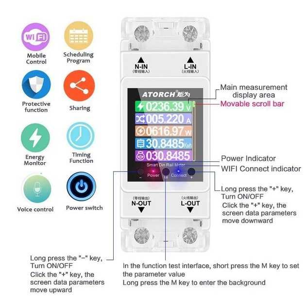 Реле напруги ATORCH AT2P  2P 63A з Wi Fi та 5а видами  захисту