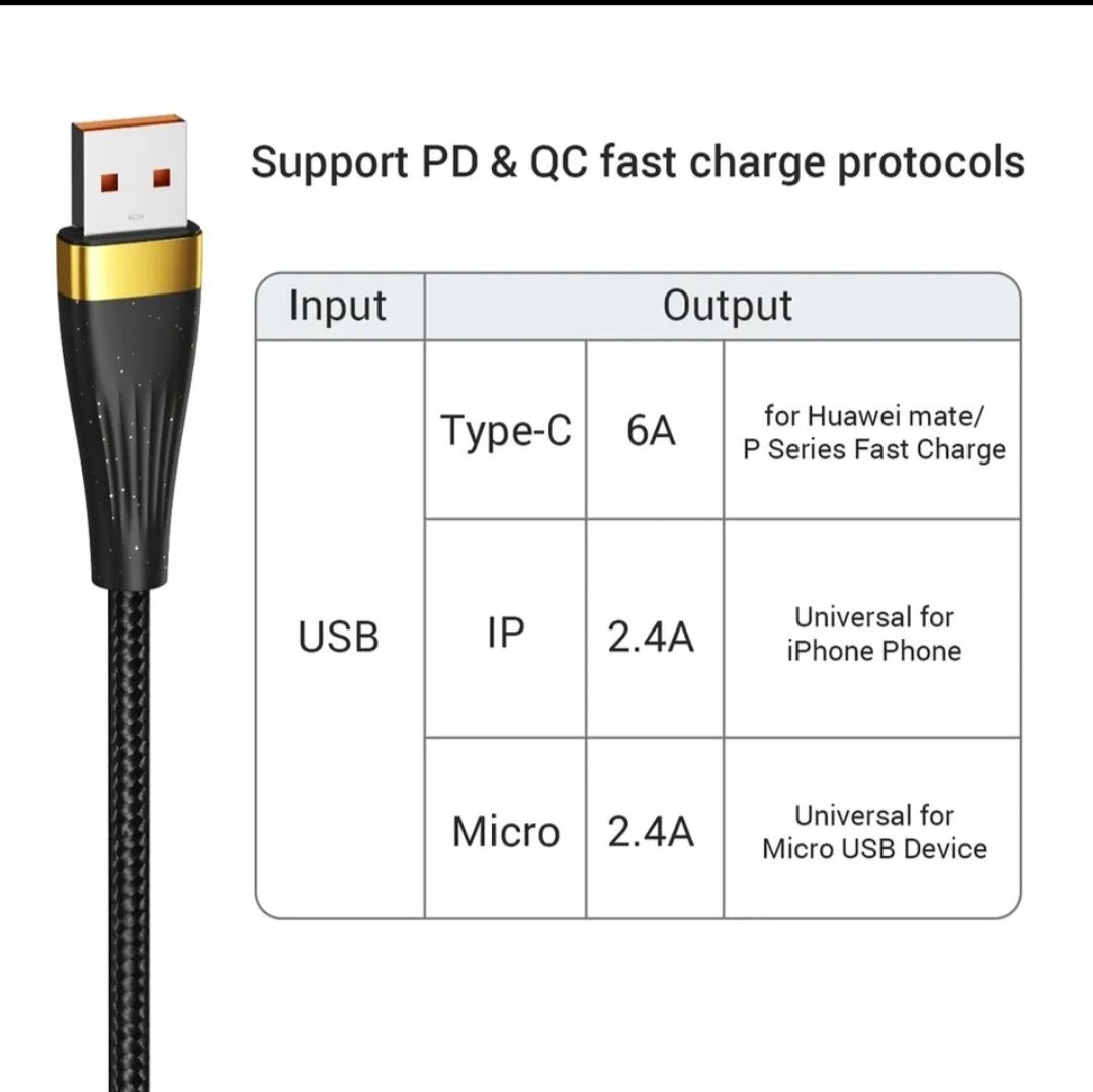 Кабель Asometech 100w 3 в 1 Type-C + Lightning + microUSB - USB 125 см