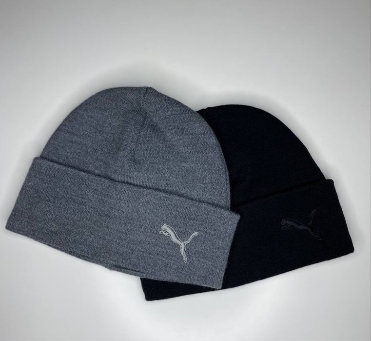 Мужская шапка Puma зимняя с флисом Пума с подворотом Серая/Черная Пума