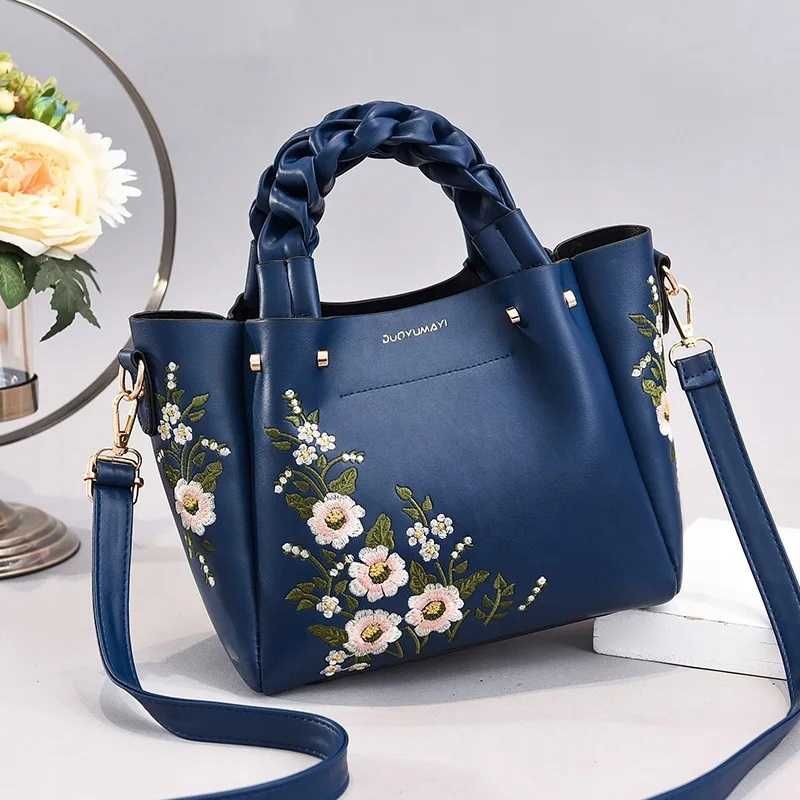 Elegancka torebka z kwiatowym wzorem haft dekoracyjny uchwyt pasek