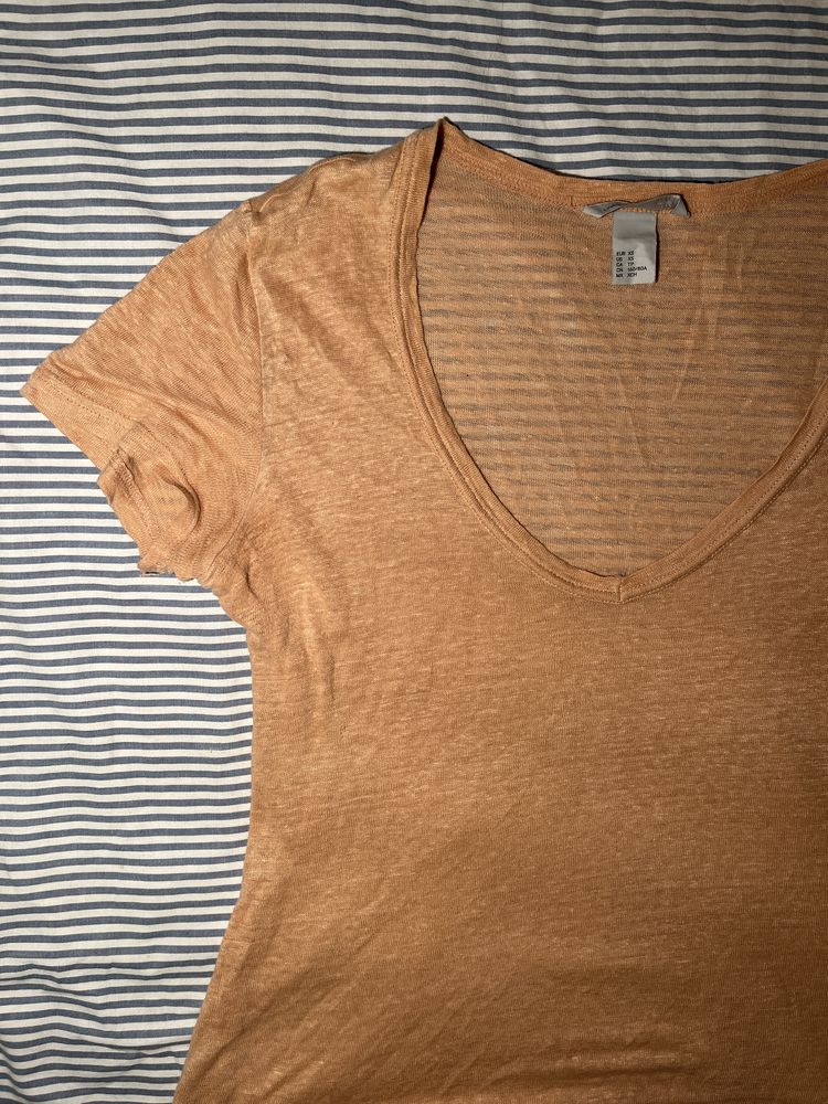 lniana bluzka t-shirt w serek r XS H&M pomarańczowa cielista