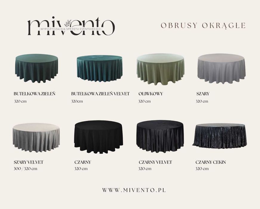 Wynajem obrusów okrągłe, prostokątne, cekinowe, velvet , serwety