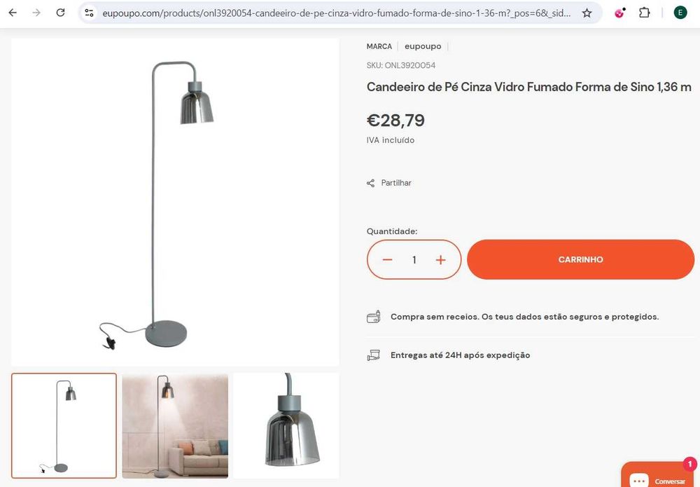 Candeeiro de pé alto Prata / Cromado / Cinza / Fumado - impecável