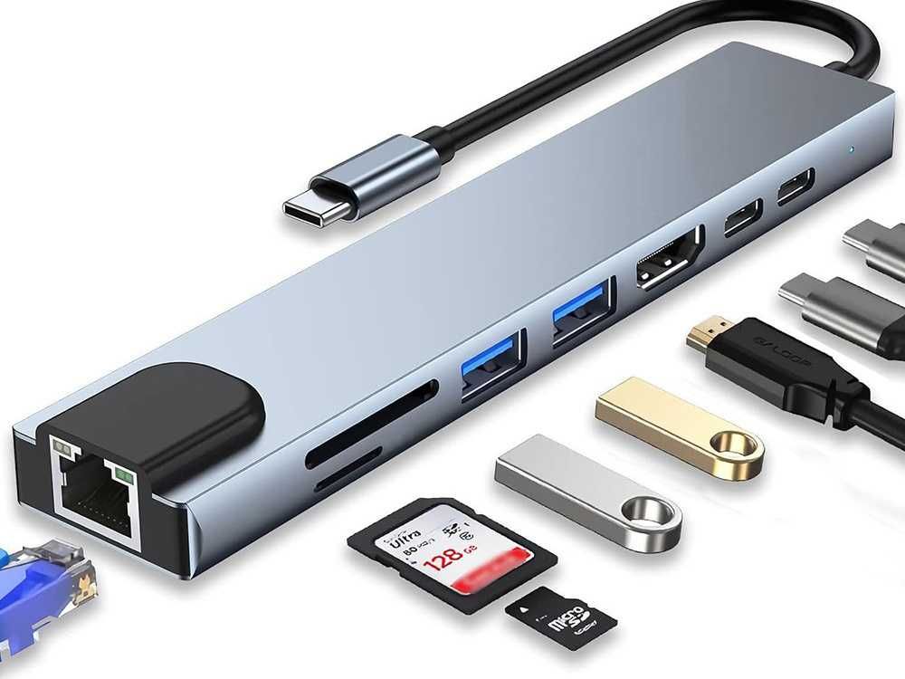 Hub USB-C 8w1: PD 100W HDMI, RJ45, 2xUSB-A, USB-C, czytnik kart  06331