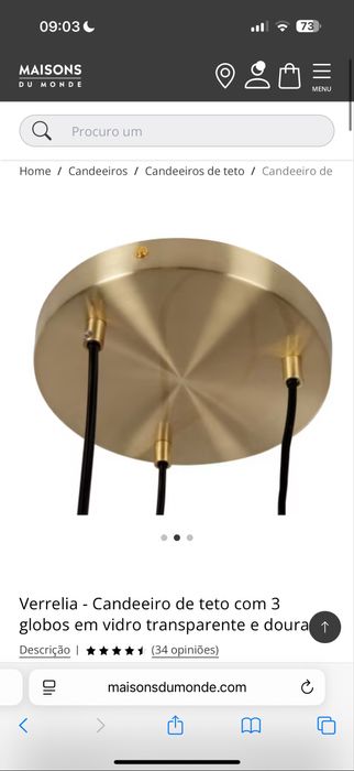 Candeeiro de teto com 3 globos em vidro transparente e dourado