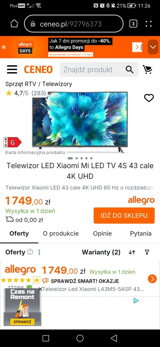 43" Xiaomi 4s android 4k  2020r  Wifi led telewizor telewizor dvbt2
