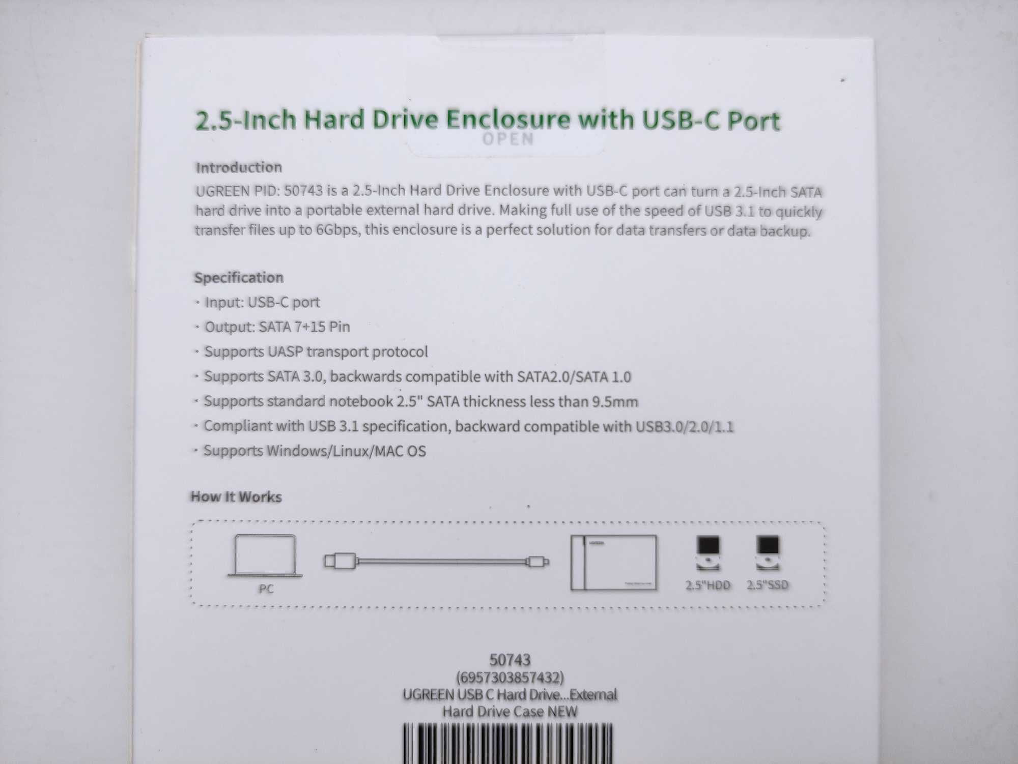 Карман для диска Type-C-USB Ugreen SSD HDD 2,5" внешний корпус кейс
