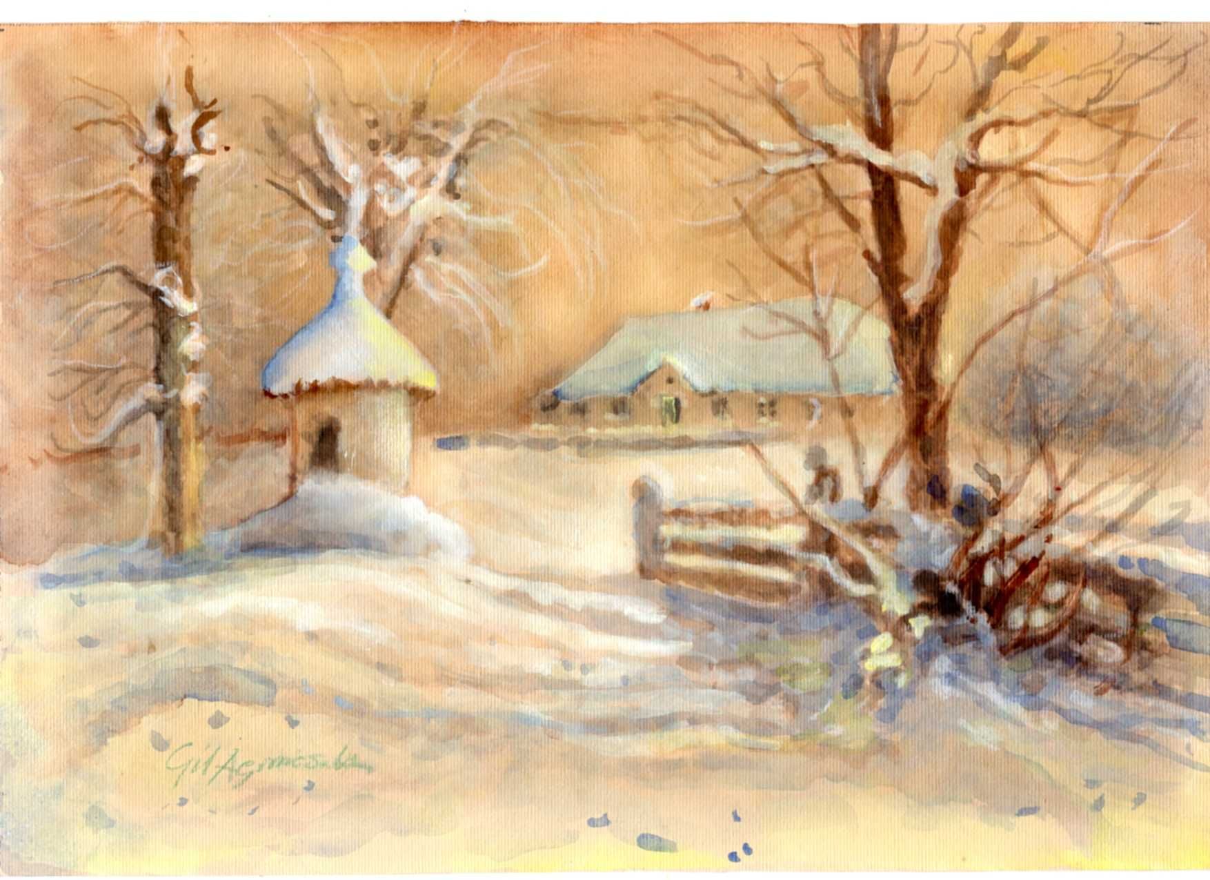 zimowy dworek 21x30cm Akwarela