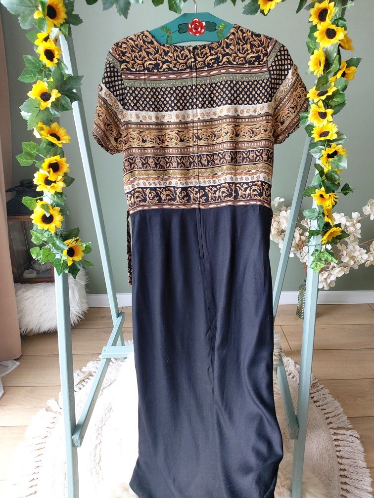 Maxi sukienka boho dluga czarna że zdobieniami hippie 100% rayon etno